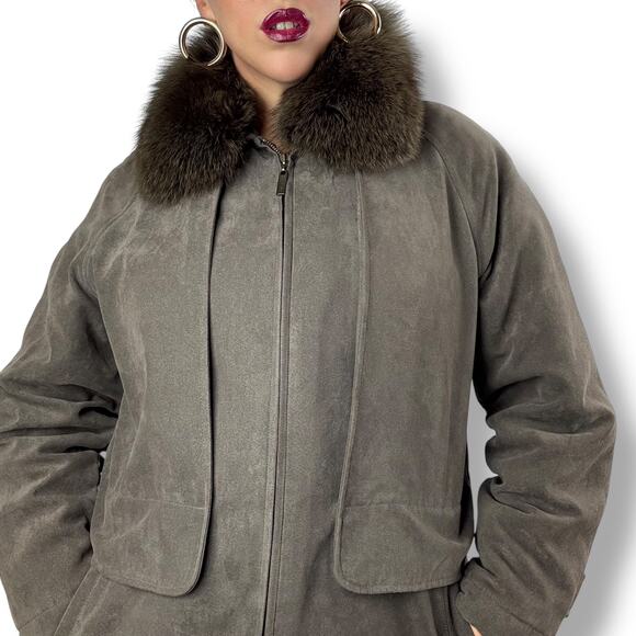 Vintage BROMLEY SPORT taupe water repellent microsuede winter coat with fox fur